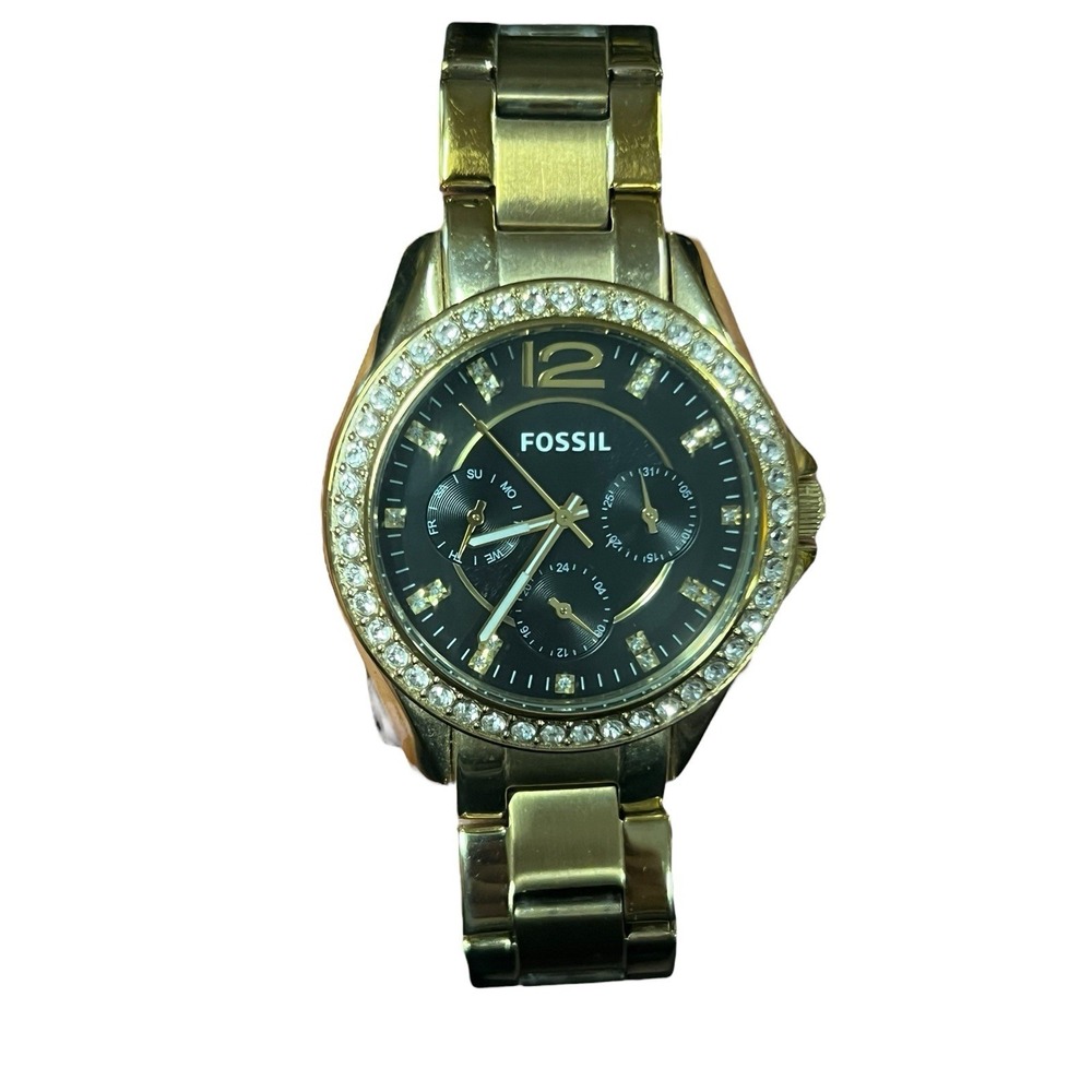 Fossil Riley ES 3384 Gold Bracelet Black Face Swarovski Crystal Dial & Bezel